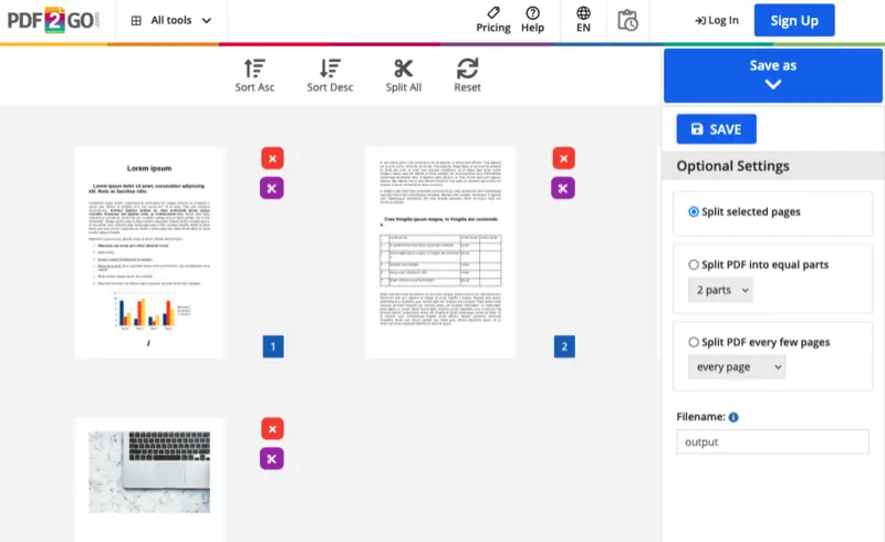 PDF cutter for online use - PDF2GO