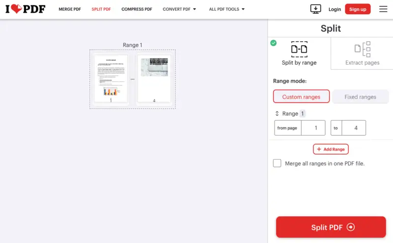 Separate PDF file into multiple with iLovePDF